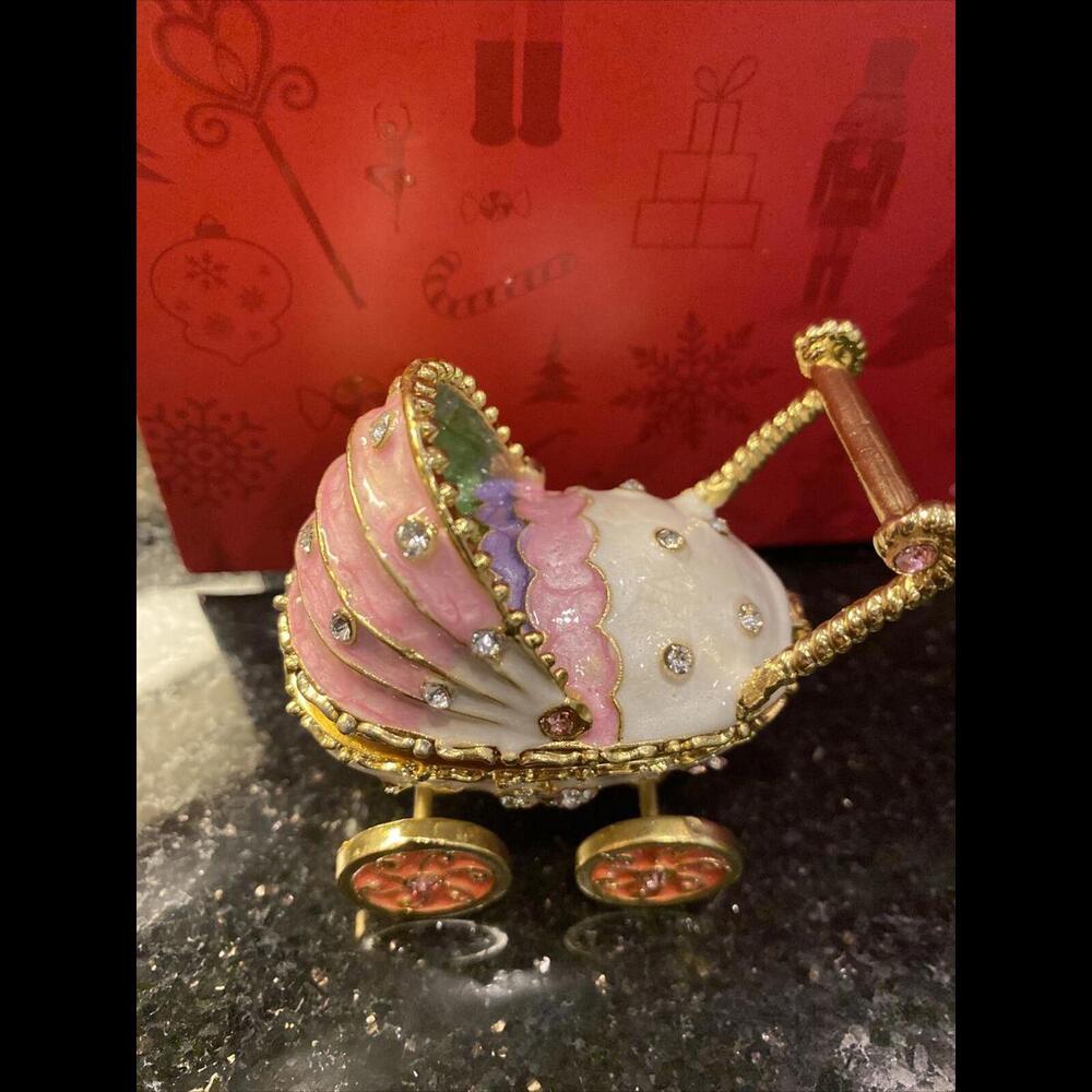 👸🏼 Pink & Gold Enamel Baby Carriage Austrian Crystals Faberge Type Trinket Box